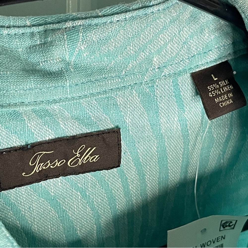 NWT Tasso Elba Silk Linen Blue Green Size Large Short Sleeve Hawaiian Button Up - Picture 3 of 8
